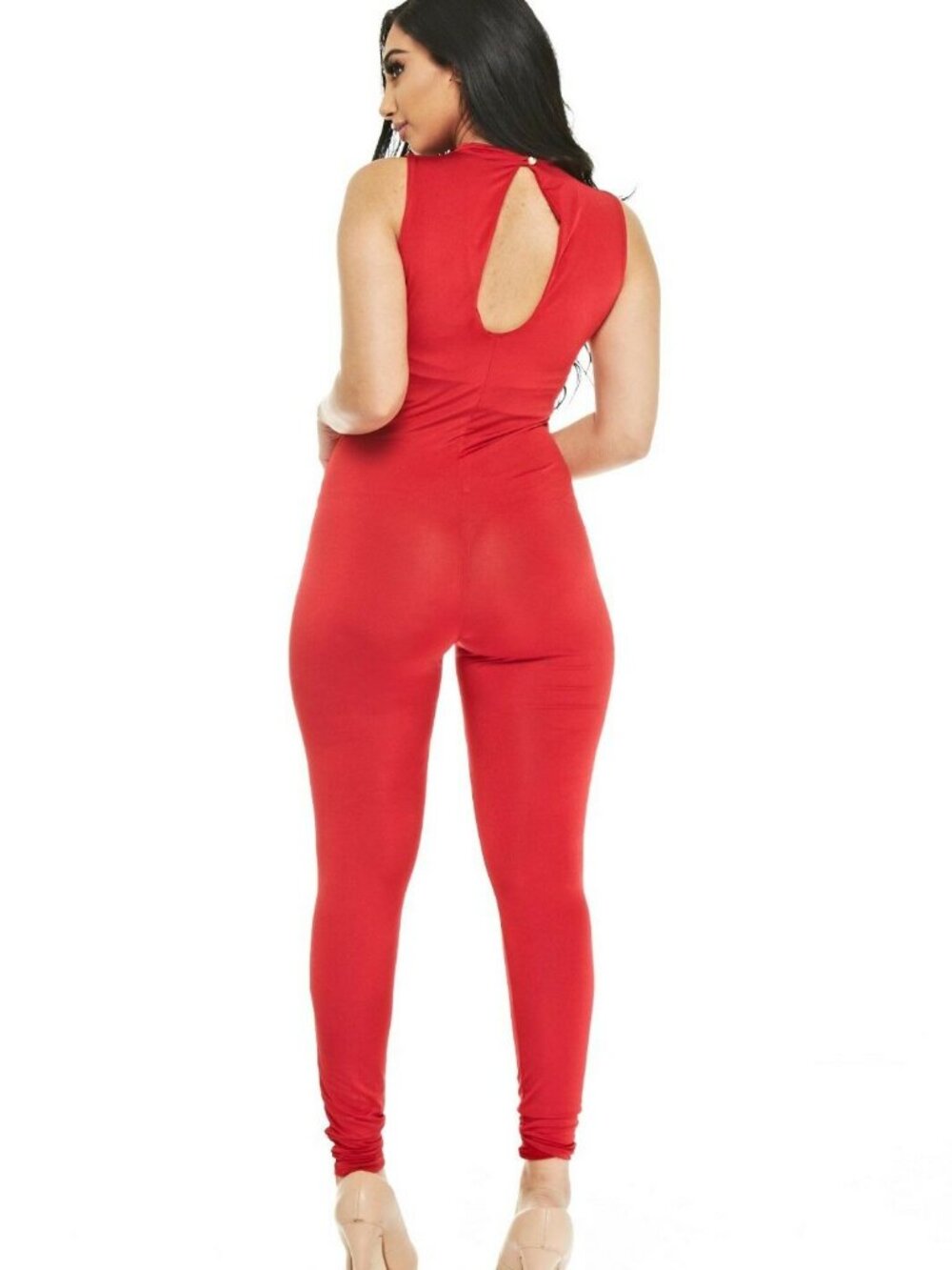 Sleeveless High Neck Open Back Skinny Leg Jumpsuit L, Red